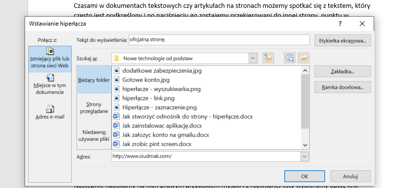 Screen hiperłącze adres. 