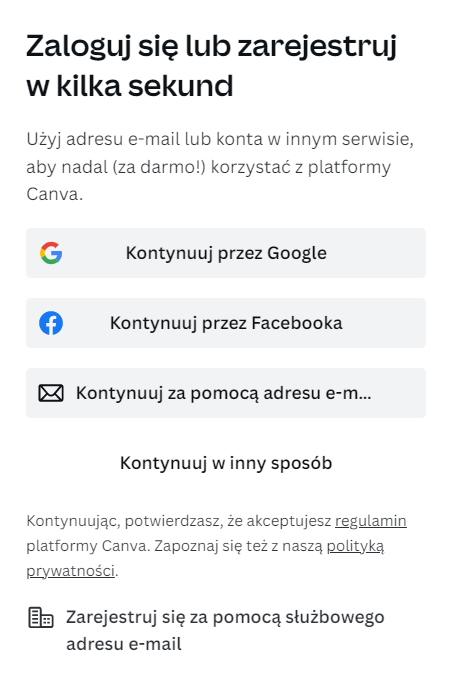 Rysunek 2 Canva - zakładanie konta, wybór rodzaju logowania