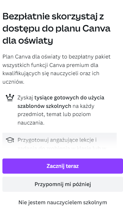 Rysunek 3 Canva - weryfikacja statusu nauczyciela, część 1