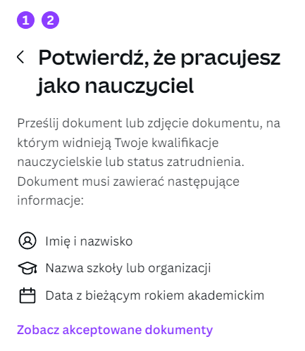 Rysunek 4 Canva - weryfikacja statusu nauczyciela, część 2