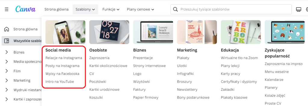 Rysunek 6 Canva - rodzaje szablonów